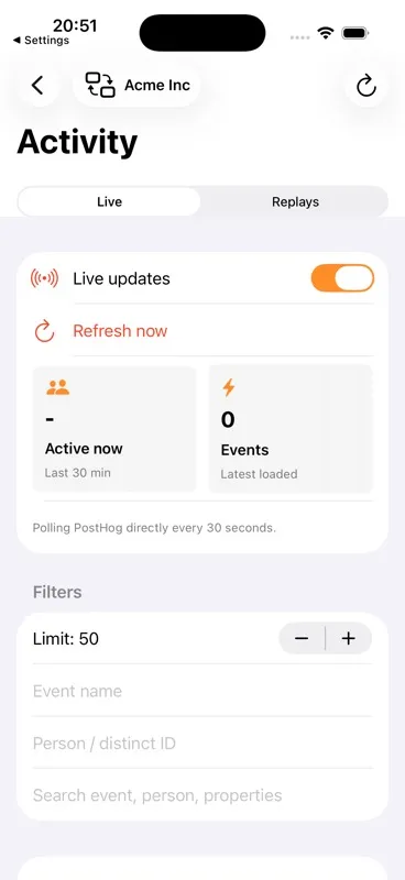 PostHog Pocket Dashboard live activity filters on iPhone