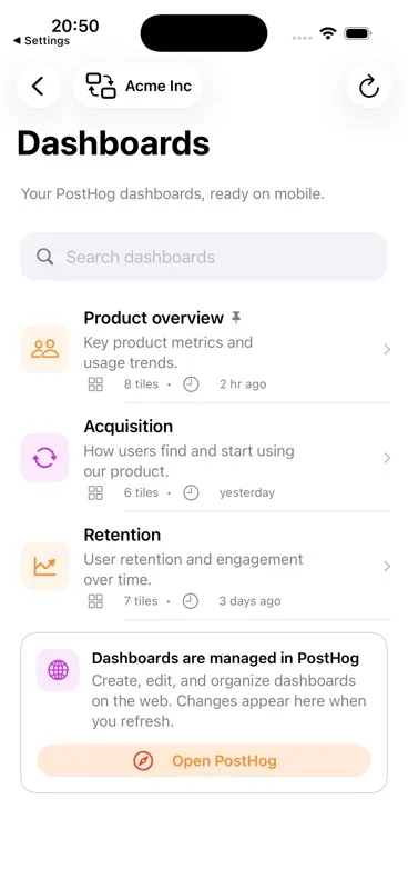 PostHog dashboards displayed in PostHog Pocket Dashboard on iPhone