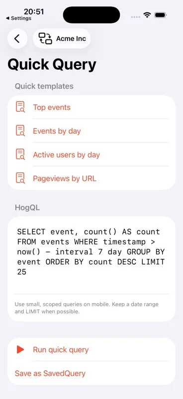 PostHog Pocket Dashboard HogQL query editor on iPhone