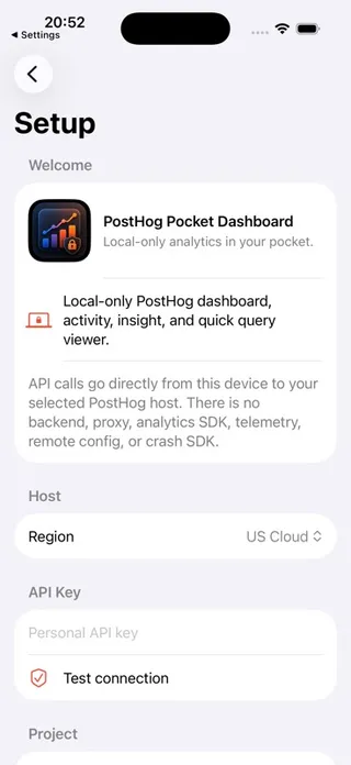 PostHog Pocket Dashboard setup screen on iPhone
